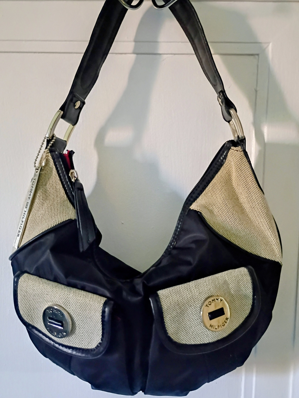 Tommy Hilfiger Black and Cream Canvas Trim Hobo Bag